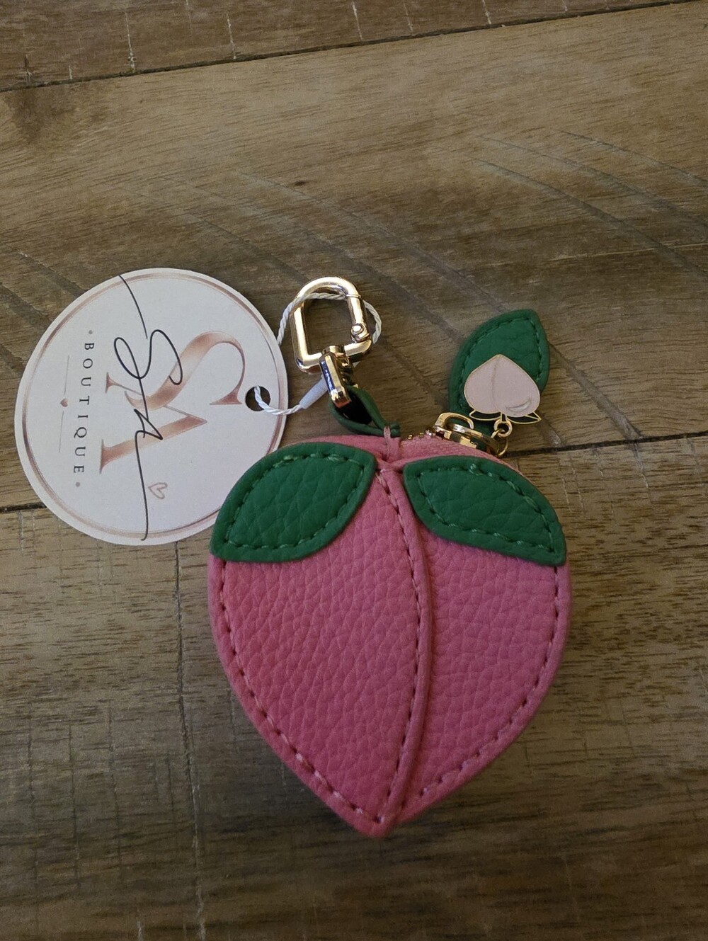 SaBoutique Pink and Green Peach Coin Bag Charm - Hand Sewn Leather